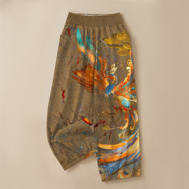 Buddha Stones Pantalones harem de algodón con estampado de plumas de fénix oriental, cintura elástica plisada y bolsillos para mujer. - image 9