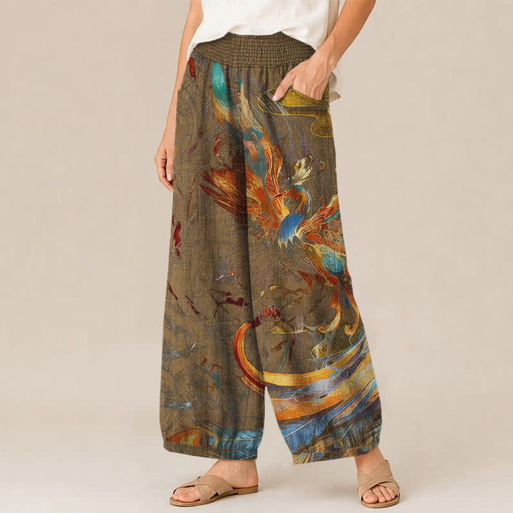 Buddha Stones Pantalones harem de algodón con estampado de plumas de fénix oriental, cintura elástica plisada y bolsillos para mujer. - image 7