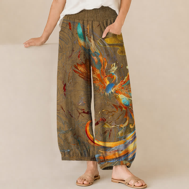 Buddha Stones Pantalones harem de algodón con estampado de plumas de fénix oriental, cintura elástica plisada y bolsillos para mujer. - Perú - US16，UK/AU20，EU48 (3XL) - image 6