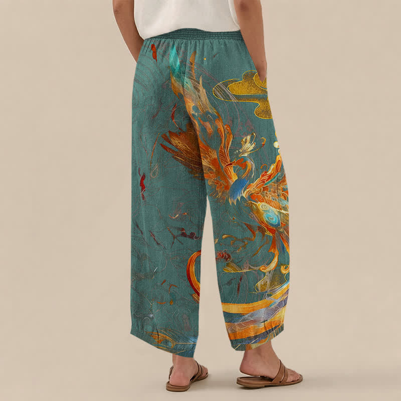 Buddha Stones Pantalones harem de algodón con estampado de plumas de fénix oriental, cintura elástica plisada y bolsillos para mujer. - image 12