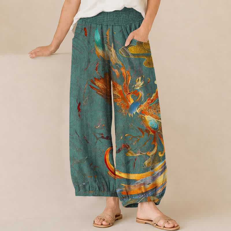 Buddha Stones Pantalones harem de algodón con estampado de plumas de fénix oriental, cintura elástica plisada y bolsillos para mujer. - Verde azulado - US16，UK/AU20，EU48 (3XL) - image 10
