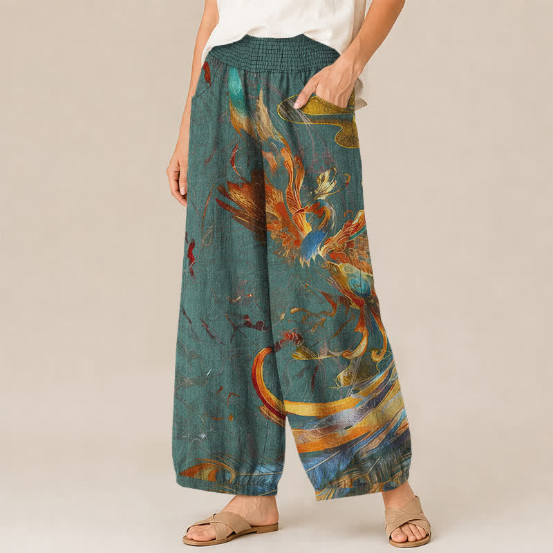 Buddha Stones Pantalones harem de algodón con estampado de plumas de fénix oriental, cintura elástica plisada y bolsillos para mujer. - image 11