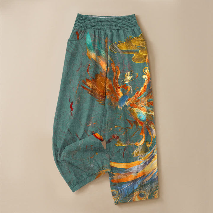 Buddha Stones Pantalones harem de algodón con estampado de plumas de fénix oriental, cintura elástica plisada y bolsillos para mujer. - image 13