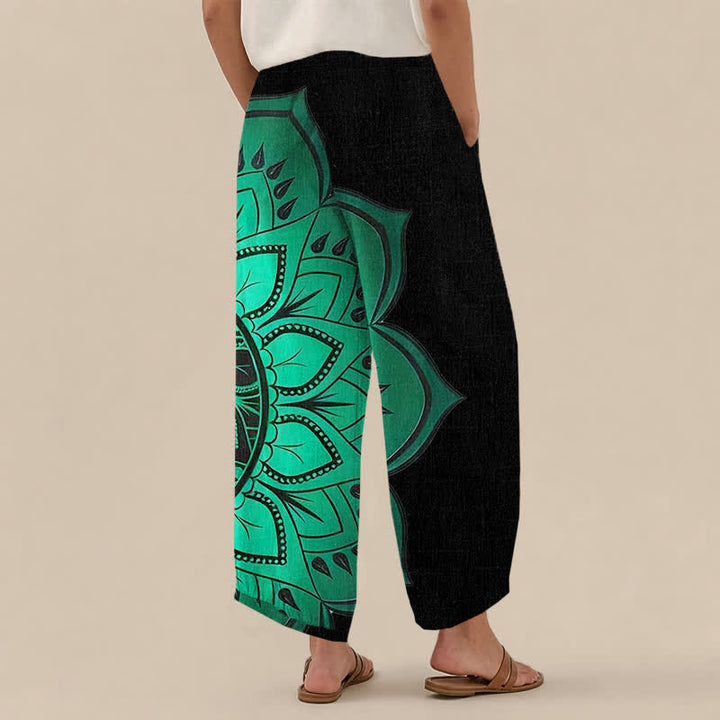 Buddha Stones Pantalones harem de algodón estilo bohemio con estampado floral de mandala, cintura elástica plisada y bolsillos para mujer. - image 2