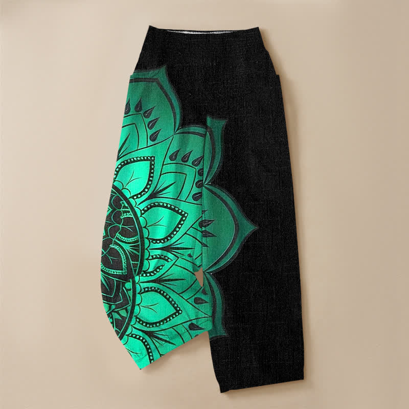 Buddha Stones Pantalones harem de algodón estilo bohemio con estampado floral de mandala, cintura elástica plisada y bolsillos para mujer. - image 3