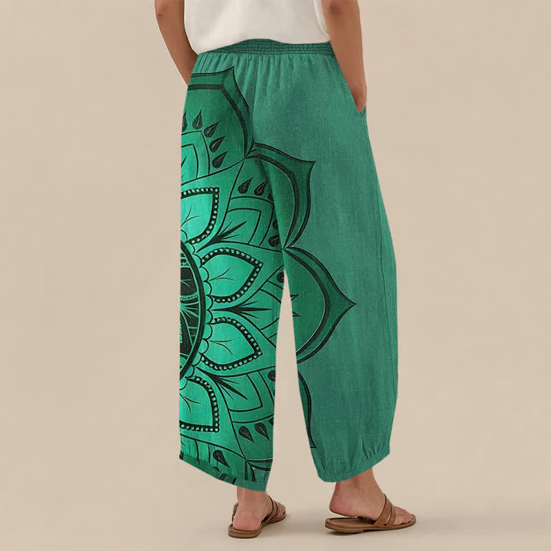 Buddha Stones Pantalones harem de algodón estilo bohemio con estampado floral de mandala, cintura elástica plisada y bolsillos para mujer. - image 8