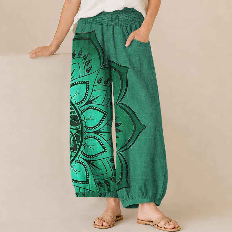 Buddha Stones Pantalones harem de algodón estilo bohemio con estampado floral de mandala, cintura elástica plisada y bolsillos para mujer. - Verde mar medio - US16，UK/AU20，EU48 (3XL) - image 6