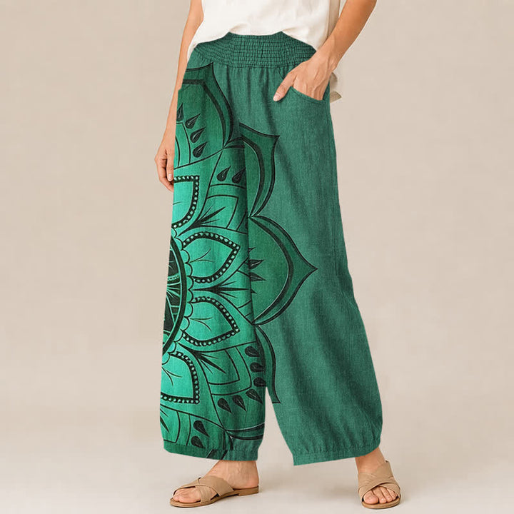 Buddha Stones Pantalones harem de algodón estilo bohemio con estampado floral de mandala, cintura elástica plisada y bolsillos para mujer. - image 7