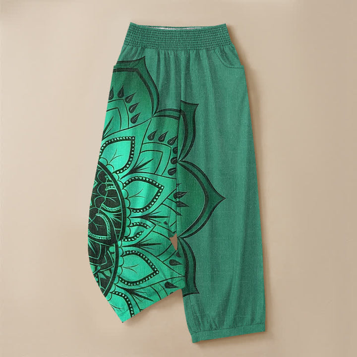 Buddha Stones Pantalones harem de algodón estilo bohemio con estampado floral de mandala, cintura elástica plisada y bolsillos para mujer. - image 9