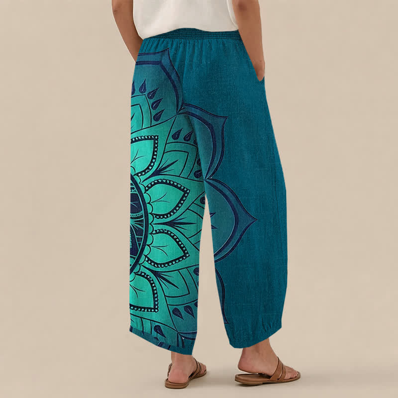 Buddha Stones Pantalones harem de algodón estilo bohemio con estampado floral de mandala, cintura elástica plisada y bolsillos para mujer. - image 12