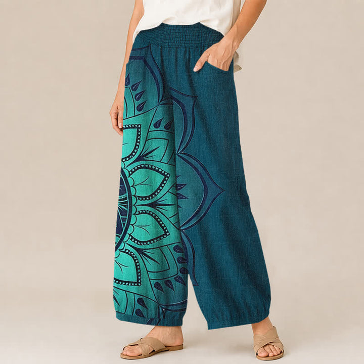 Buddha Stones Pantalones harem de algodón estilo bohemio con estampado floral de mandala, cintura elástica plisada y bolsillos para mujer. - image 11