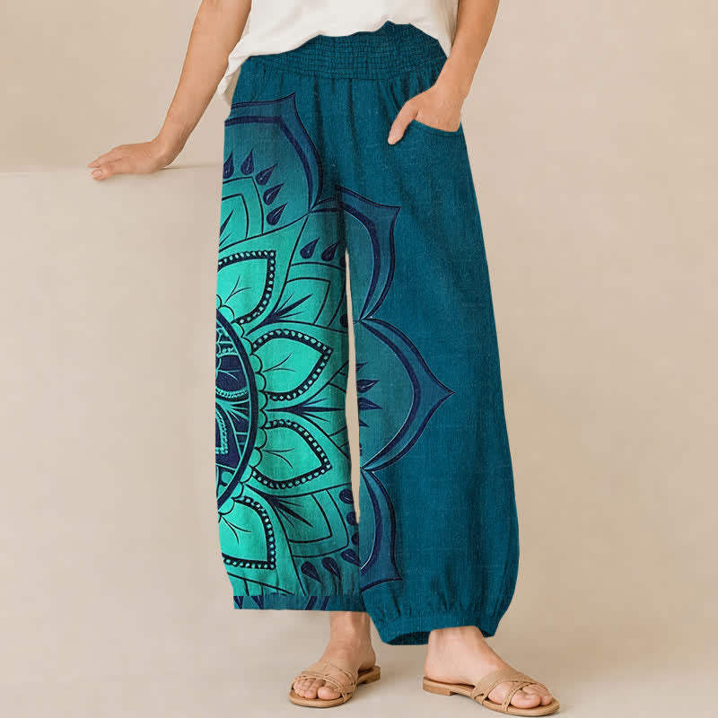 Buddha Stones Pantalones harem de algodón estilo bohemio con estampado floral de mandala, cintura elástica plisada y bolsillos para mujer. - Verde azulado - US16，UK/AU20，EU48 (3XL) - image 10