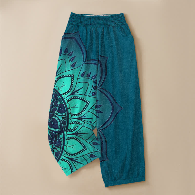 Buddha Stones Pantalones harem de algodón estilo bohemio con estampado floral de mandala, cintura elástica plisada y bolsillos para mujer. - image 13
