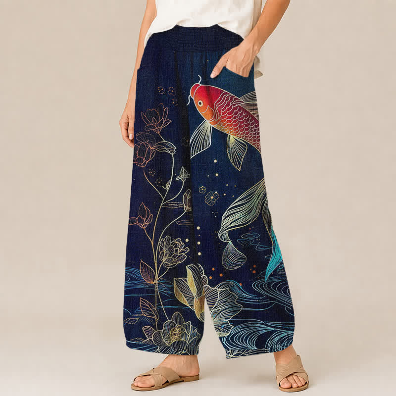 Buddha Stones Pantalones harem de algodón rojo con estampado de peces koi y loto ondulados, cintura elástica plisada y bolsillos para mujer. - image 1