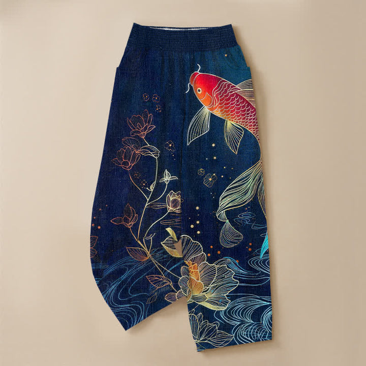 Buddha Stones Pantalones harem de algodón rojo con estampado de peces koi y loto ondulados, cintura elástica plisada y bolsillos para mujer. - image 3