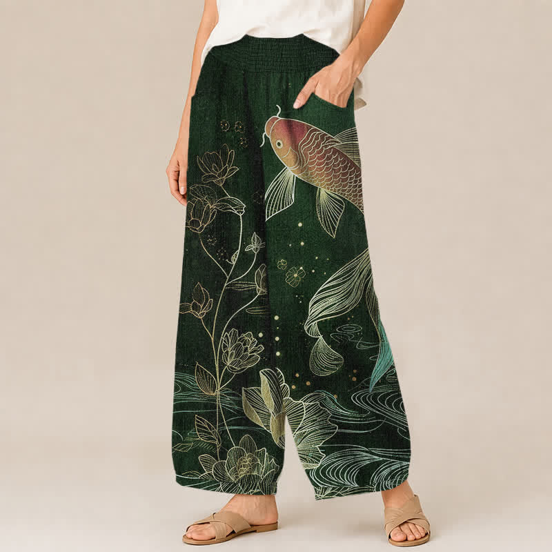 Buddha Stones Pantalones harem de algodón rojo con estampado de peces koi y loto ondulados, cintura elástica plisada y bolsillos para mujer. - image 7