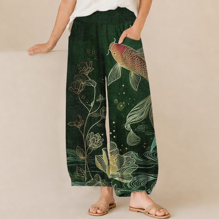 Buddha Stones Pantalones harem de algodón rojo con estampado de peces koi y loto ondulados, cintura elástica plisada y bolsillos para mujer. - Verde oscuro - US16，UK/AU20，EU48 (3XL) - image 6