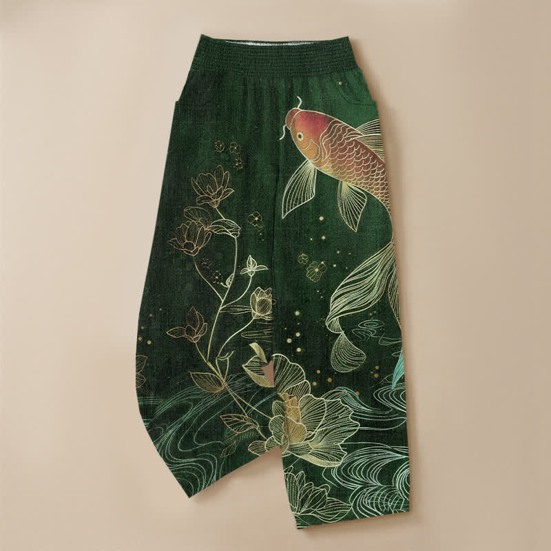 Buddha Stones Pantalones harem de algodón rojo con estampado de peces koi y loto ondulados, cintura elástica plisada y bolsillos para mujer. - image 9