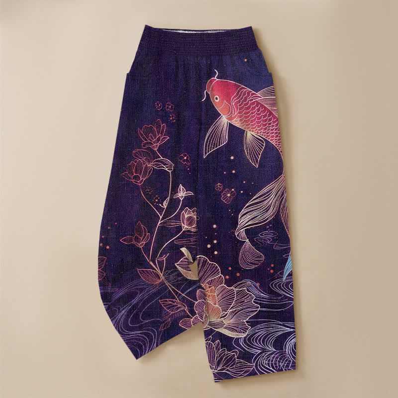 Buddha Stones Pantalones harem de algodón rojo con estampado de peces koi y loto ondulados, cintura elástica plisada y bolsillos para mujer. - image 13
