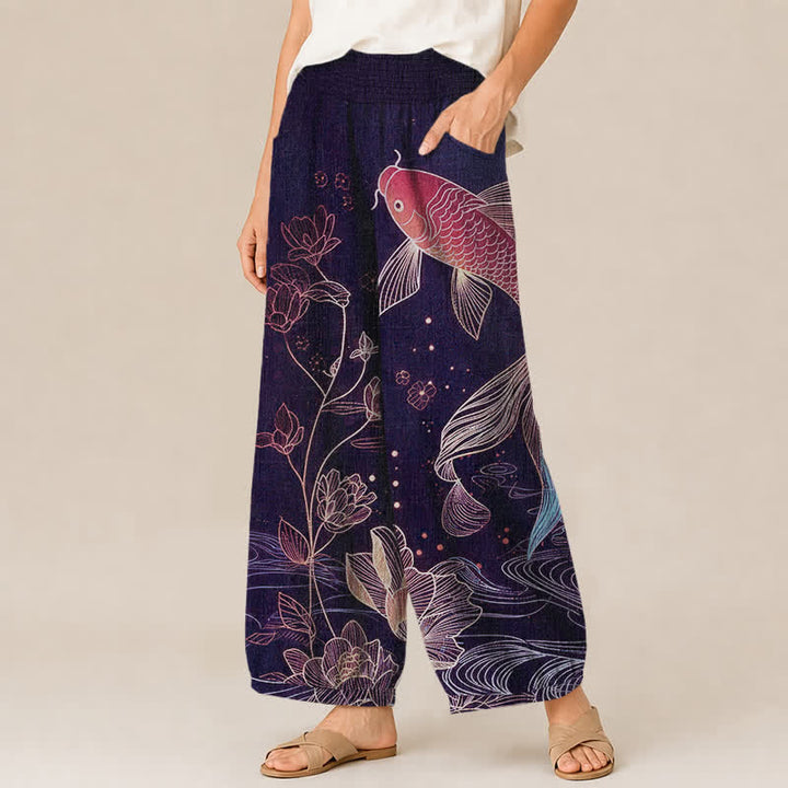 Buddha Stones Pantalones harem de algodón rojo con estampado de peces koi y loto ondulados, cintura elástica plisada y bolsillos para mujer. - image 11