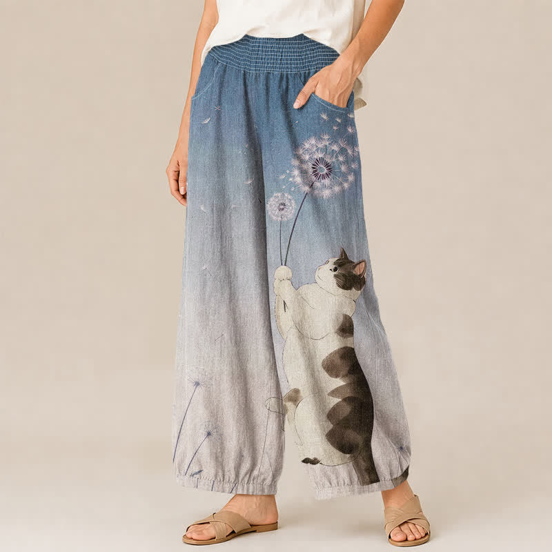 Buddha Stones Pantalones harem de algodón con estampado de diente de león, cintura elástica plisada y bolsillos para mujer. - image 1