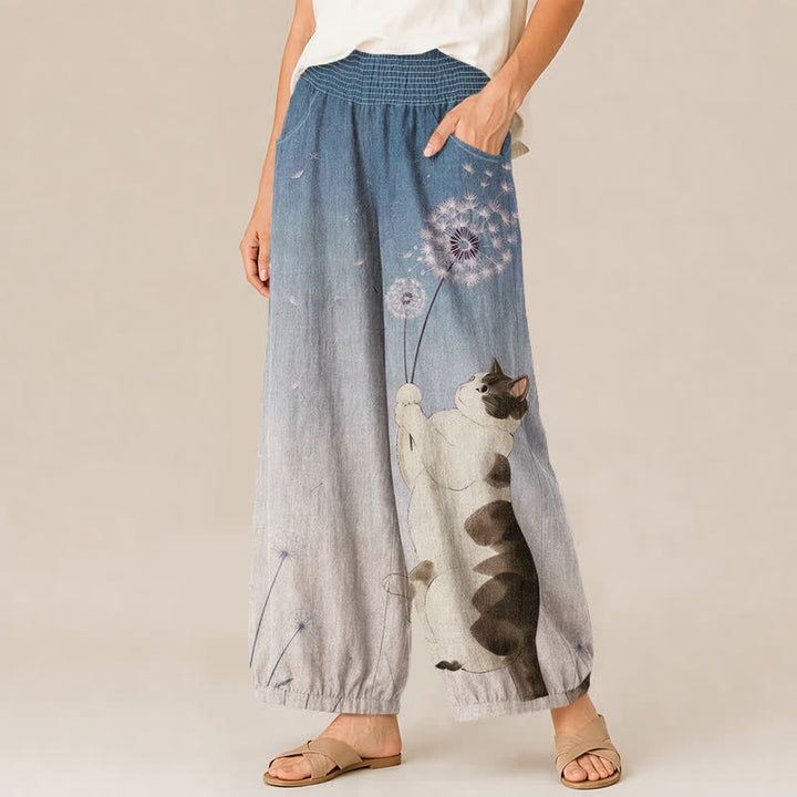 Buddha Stones Pantalones harem de algodón con estampado de diente de león, cintura elástica plisada y bolsillos para mujer. - image 1