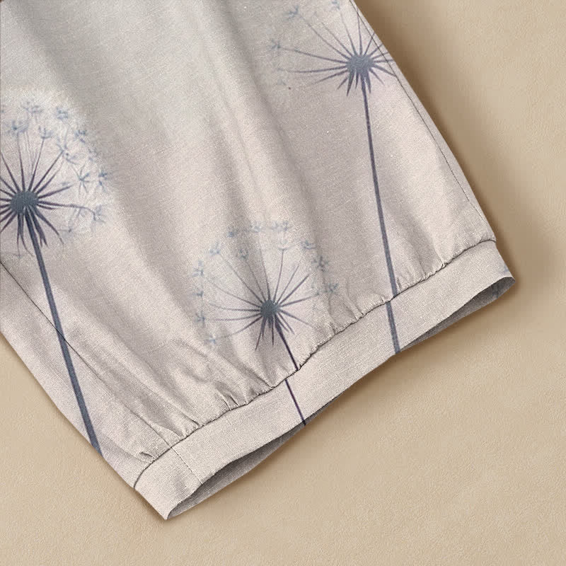 Buddha Stones Pantalones harem de algodón con estampado de diente de león, cintura elástica plisada y bolsillos para mujer. - image 5
