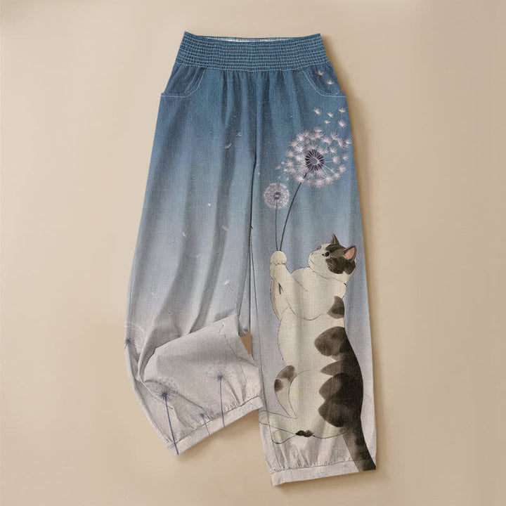 Buddha Stones Pantalones harem de algodón con estampado de diente de león, cintura elástica plisada y bolsillos para mujer. - image 3