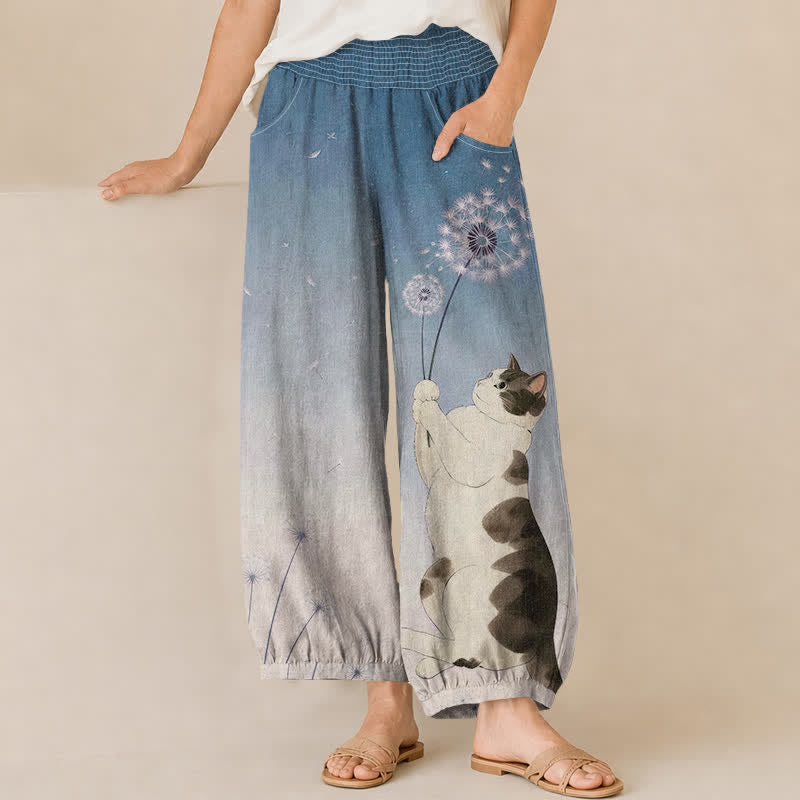 Buddha Stones Pantalones harem de algodón con estampado de diente de león, cintura elástica plisada y bolsillos para mujer. - Azul acero claro - US16，UK/AU20，EU48 (3XL) - image 0