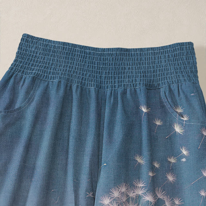 Buddha Stones Pantalones harem de algodón con estampado de diente de león, cintura elástica plisada y bolsillos para mujer. - image 4