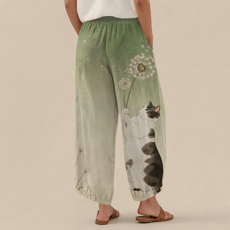 Buddha Stones Pantalones harem de algodón con estampado de diente de león, cintura elástica plisada y bolsillos para mujer. - image 8
