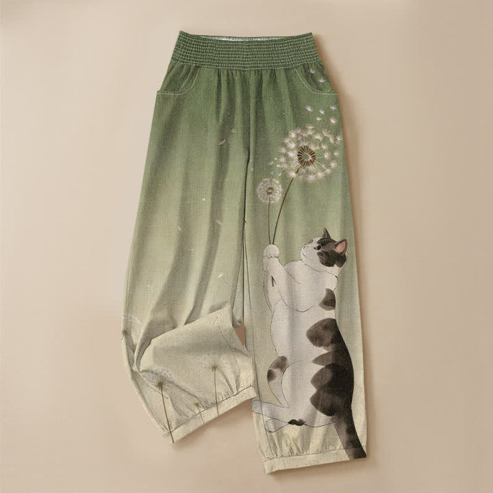 Buddha Stones Pantalones harem de algodón con estampado de diente de león, cintura elástica plisada y bolsillos para mujer. - image 9