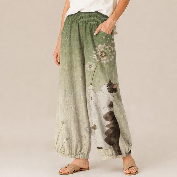 Buddha Stones Pantalones harem de algodón con estampado de diente de león, cintura elástica plisada y bolsillos para mujer. - image 7