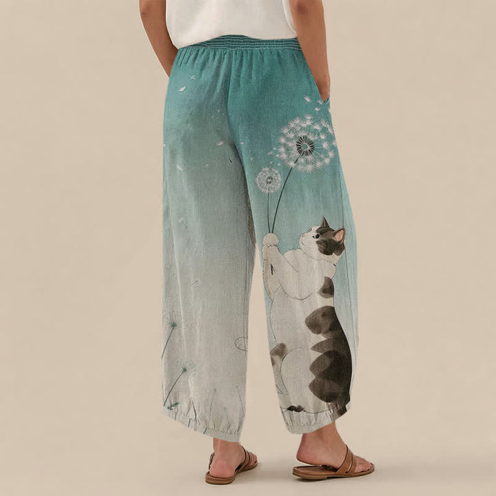 Buddha Stones Pantalones harem de algodón con estampado de diente de león, cintura elástica plisada y bolsillos para mujer. - image 12