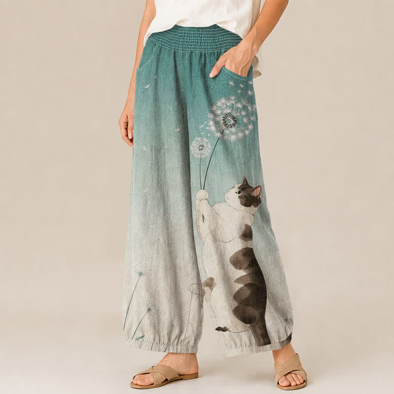 Buddha Stones Pantalones harem de algodón con estampado de diente de león, cintura elástica plisada y bolsillos para mujer. - image 11