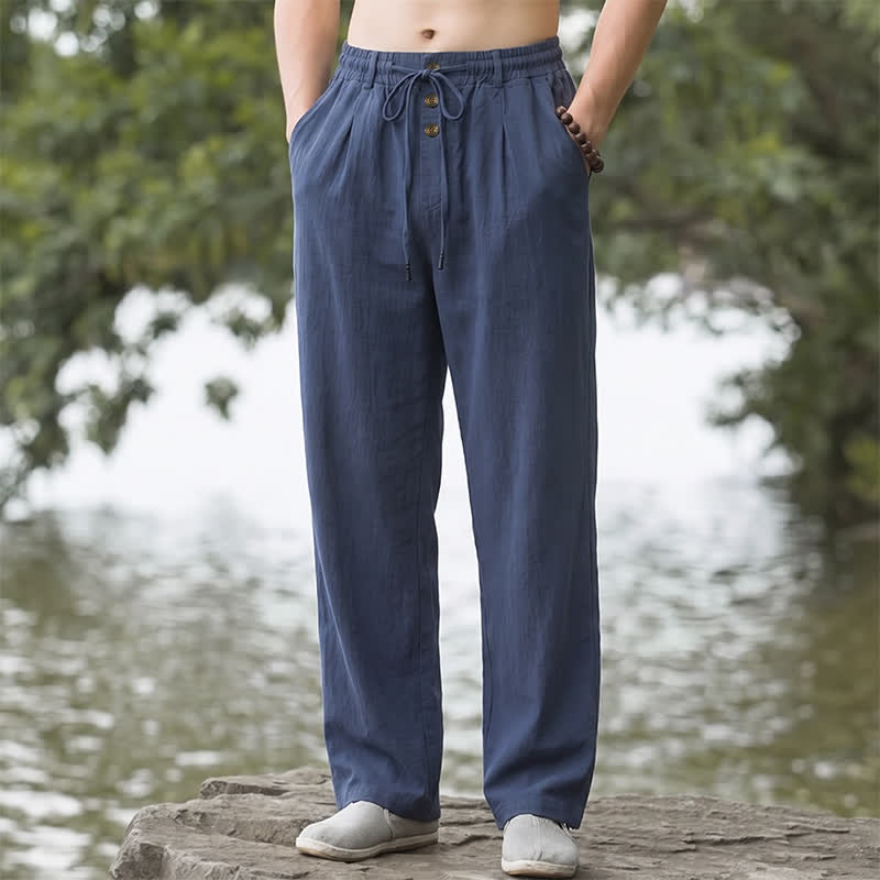 Buddha Stones Pantalones largos de hombre de corte recto con botones decorativos, cordón ajustable, estilo clásico de primavera/verano, para hombre. - Marina de guerra - US/UK/AU42, EU52 (3XL) - image 0