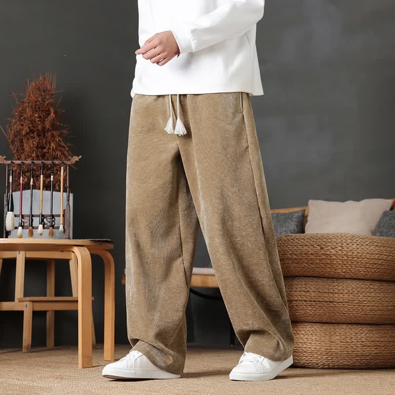 Buddha Stones Pantalones largos casuales de otoño/invierno con cordón ajustable, color liso, para hombre, pierna recta y bolsillos. - Caqui oscuro - US/UK/AU46, EU56 (5XL) - image 0