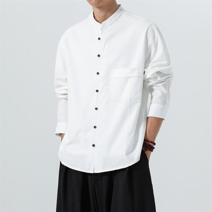 Buddha Stones Camisas de manga larga para hombre de algodón liso con cuello mandarín, estilo casual de otoño. - Blanco - US/UK/AU46, EU56 (5XL) - image 33