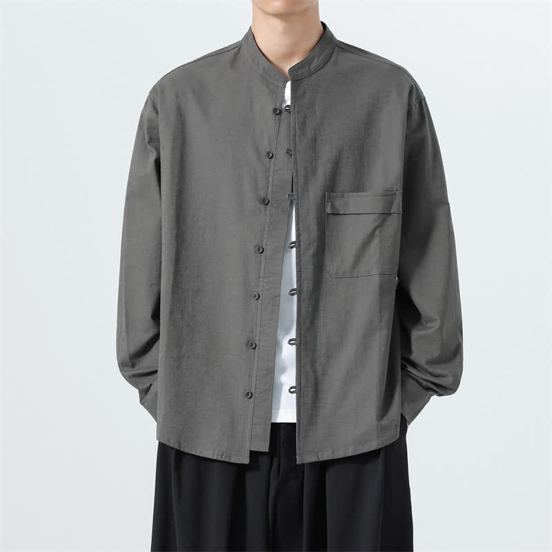 Buddha Stones Camisas de manga larga para hombre de algodón liso con cuello mandarín, estilo casual de otoño. - Gris oscuro - US/UK/AU46, EU56 (5XL) - image 19