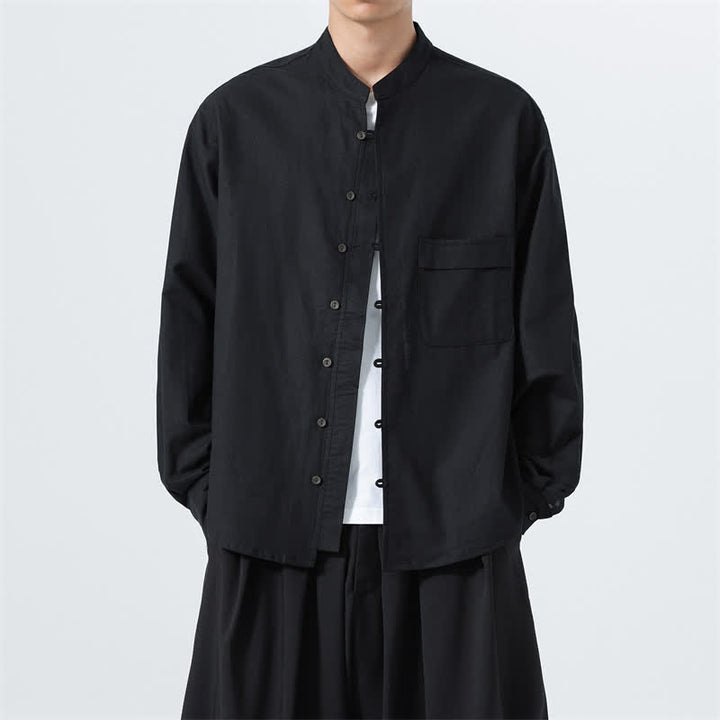 Buddha Stones Camisas de manga larga para hombre de algodón liso con cuello mandarín, estilo casual de otoño. - Negro - US/UK/AU46, EU56 (5XL) - image 9