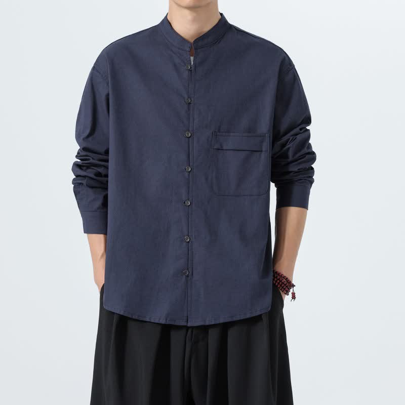 Buddha Stones Camisas de manga larga para hombre de algodón liso con cuello mandarín, estilo casual de otoño. - Marina de guerra - US/UK/AU46, EU56 (5XL) - image 0