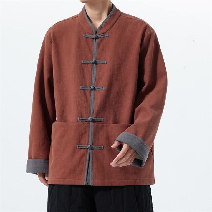 Buddha Stones Chaqueta de hombre de algodón liso con botones de rana, estilo vintage, para otoño/invierno. - Tierra de siena - US/UK/AU46, EU56 (5XL) - image 10