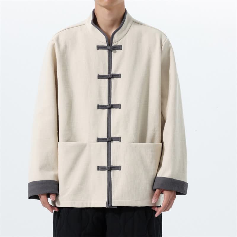 Buddha Stones Chaqueta de hombre de algodón liso con botones de rana, estilo vintage, para otoño/invierno. - Beige - US/UK/AU46, EU56 (5XL) - image 18