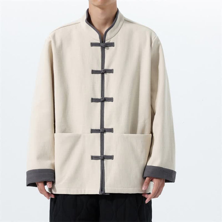 Buddha Stones Chaqueta de hombre de algodón liso con botones de rana, estilo vintage, para otoño/invierno. - Beige - US/UK/AU46, EU56 (5XL) - image 18
