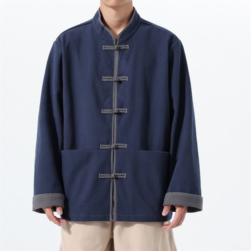 Buddha Stones Chaqueta de hombre de algodón liso con botones de rana, estilo vintage, para otoño/invierno. - Marina de guerra - US/UK/AU46, EU56 (5XL) - image 0