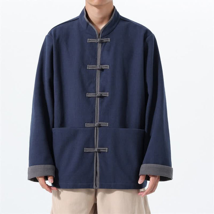 Buddha Stones Chaqueta de hombre de algodón liso con botones de rana, estilo vintage, para otoño/invierno. - Marina de guerra - US/UK/AU46, EU56 (5XL) - image 0