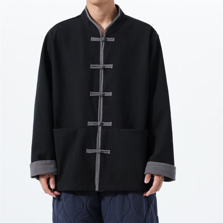 Buddha Stones Chaqueta de hombre de algodón liso con botones de rana, estilo vintage, para otoño/invierno. - Negro - US/UK/AU46, EU56 (5XL) - image 5