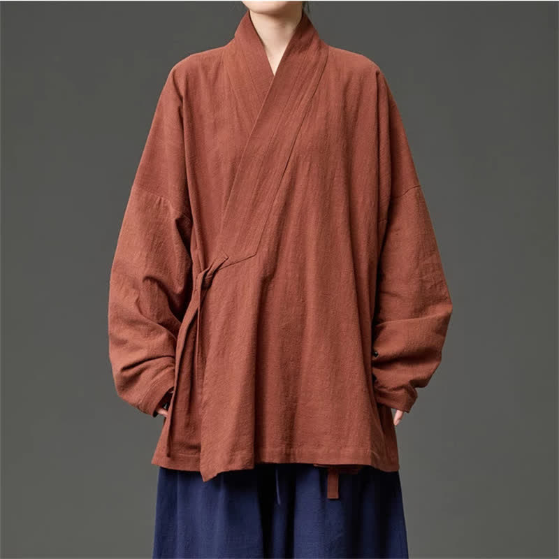Buddha Stones Kimono de hombre de algodón liso con cordón ajustable, estilo Tang, minimalista, para otoño/invierno, con bolsillos. - Tierra de siena - US/UK/AU46, EU56 (5XL) - image 0