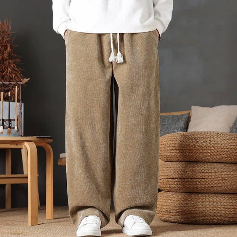Buddha Stones Pantalones largos casuales de otoño/invierno con cordón ajustable, color liso, para hombre, pierna recta y bolsillos. - image 1