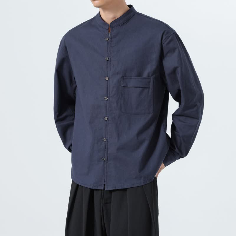 Buddha Stones Camisas de manga larga para hombre de algodón liso con cuello mandarín, estilo casual de otoño. - image 8